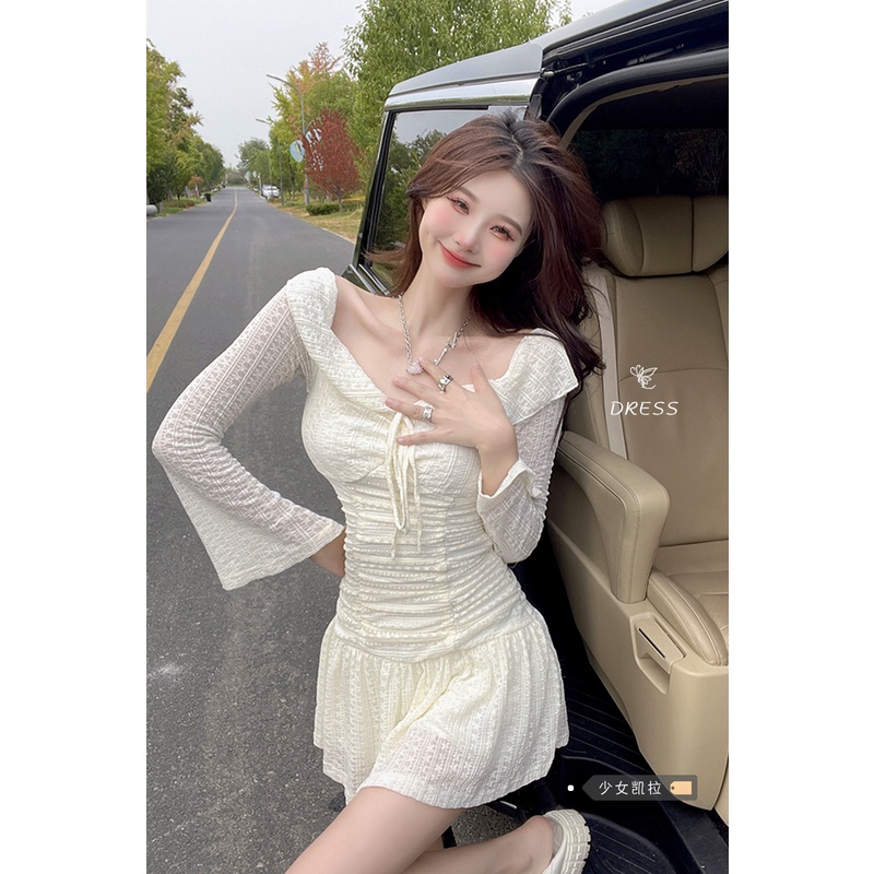 Đầm Nữ Dài Tay Cổ Chữ V Nhún Bèo Phong Cách Mới