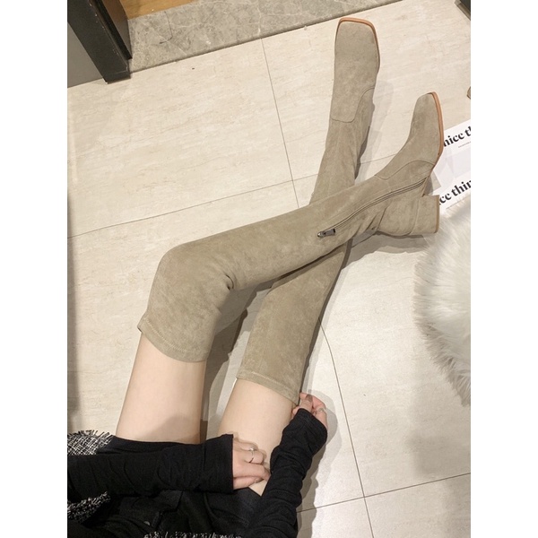 Bốt đùi nữ da lộn lót lông mũi vuông gót cao 5cm có khoá cạnh