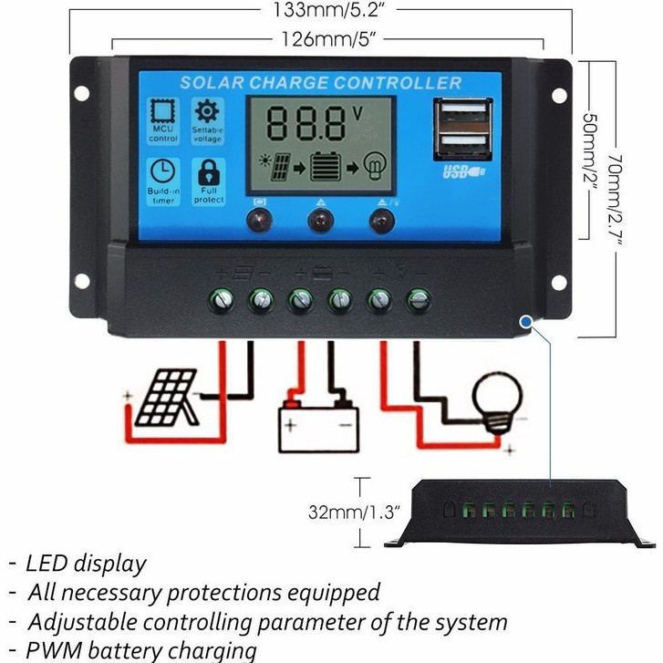 Bộ điều khiển sạc Pin mặt trời tự động PWM 40A/ 50A/ 60A -LCD - 12V/24V