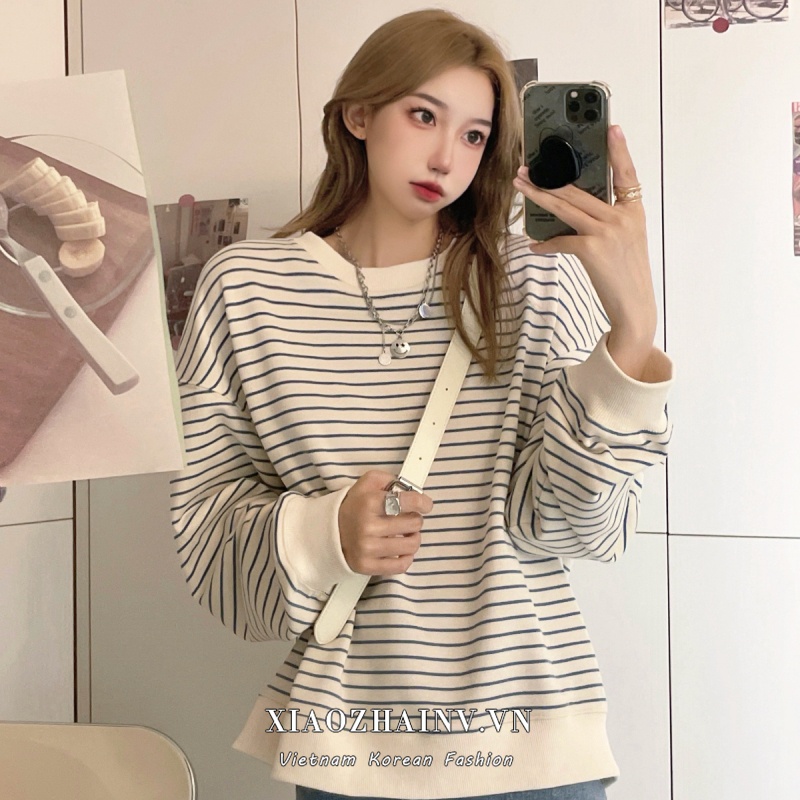 Áo Sweater Tay Dài Cổ Tròn Dáng Rộng Kẻ Sọc Thời Trang Hàn Quốc Cho Nữ | BigBuy360 - bigbuy360.vn