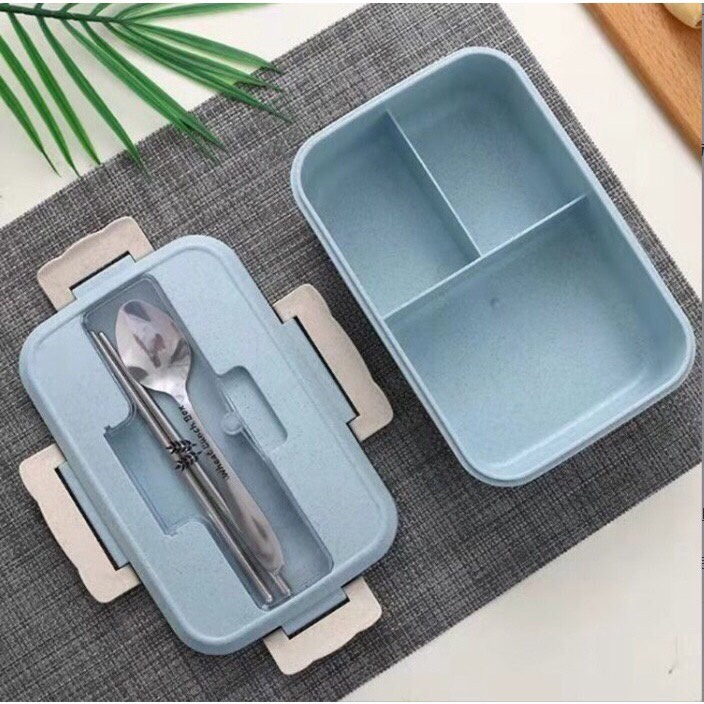 Hộp đựng cơm lúa mạch 3 ngăn, kèm đũa muỗng