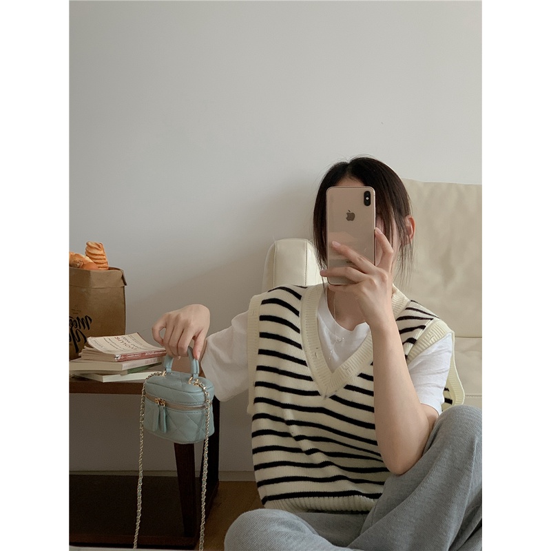 Áo Len Không Tay Cổ Chữ V Họa Tiết Kẻ Sọc Thời Trang Mùa Thu Phong Cách Retro