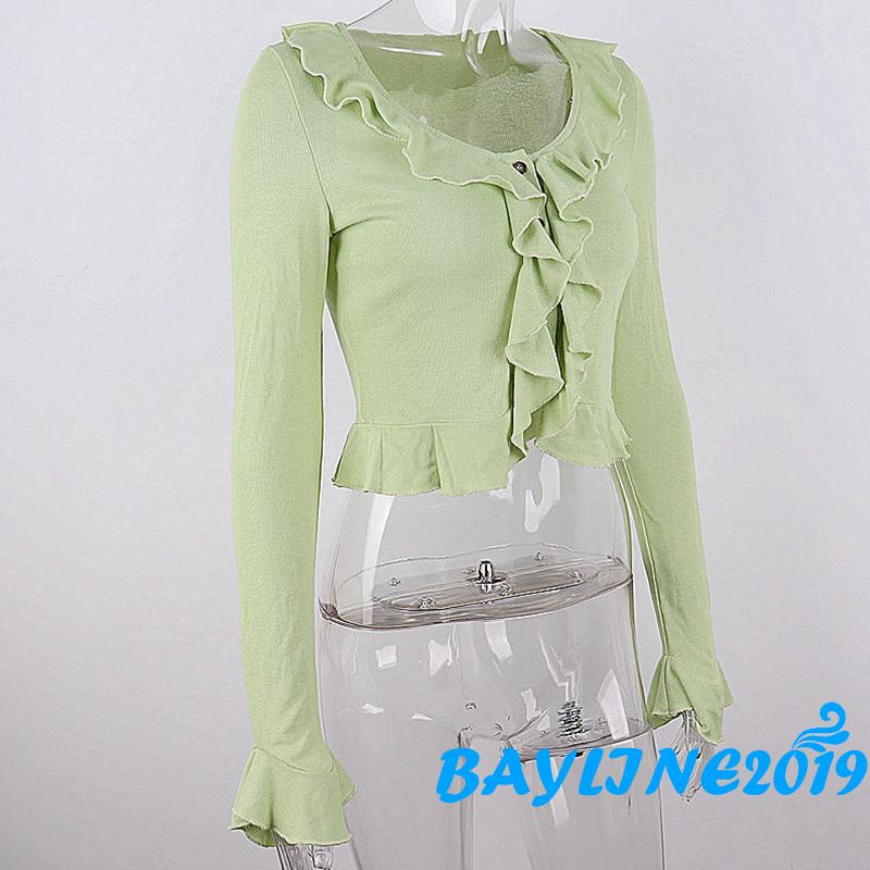 Áo Croptop Tay Dài Màu Trơn Phối Bèo Cài Nút Đơn Giản Hợp Thời Trang Cho Nữ