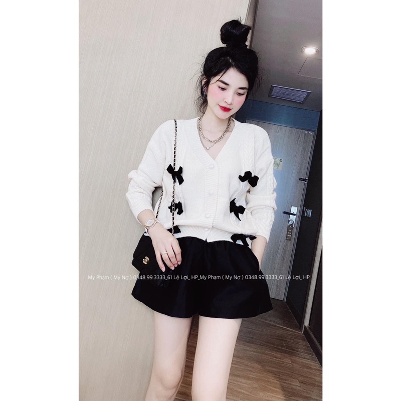 áo len cadigan cúc ngọc phối nơ đen