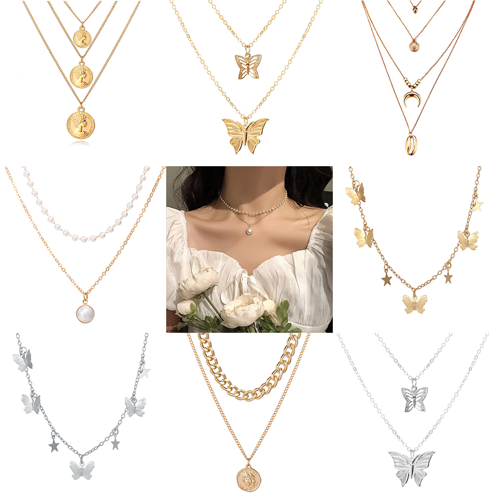 BUTTERFLY vòng cổ Kim Loại Hình Bướm Đính Ngọc Trai Nhân Tạo Thời Trang