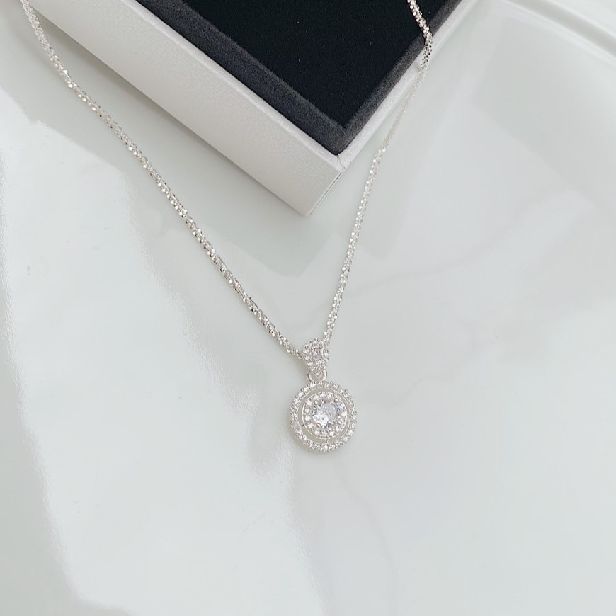 Dây chuyền bạc ý Evasilver mặt hình tròn gắn đá sang trọng nữ tính, Vòng cổ bạc S925 mẫu dây xù bền đẹp sáng bóng