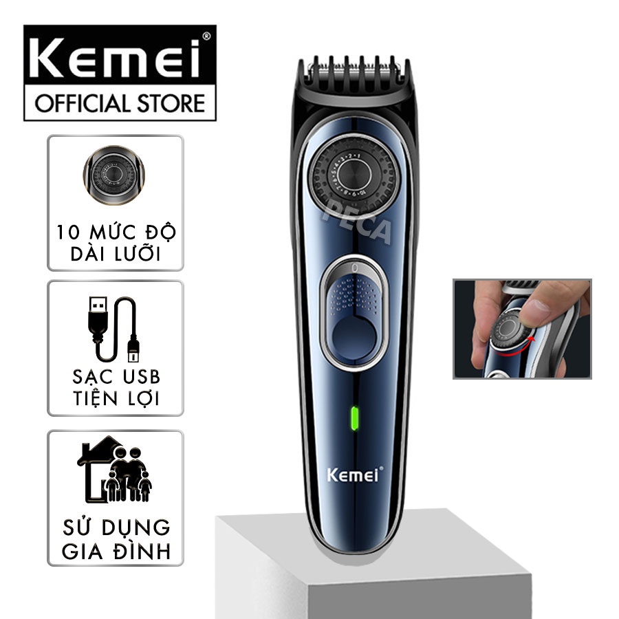 Tông đơ cắt tóc gia đình Kemei KM-1256 cữ lược điều chỉnh 10 mức độ dài cắt sạc USB- Hàng chính hãng