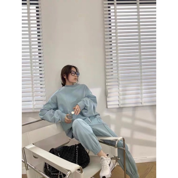 Set Nỉ Trơn Vạt Lệch Nữ [FREESHIP]  Bộ đồ sweater form rộng, quần ống boom kèm áo raplan màu Xanh Ulzzang