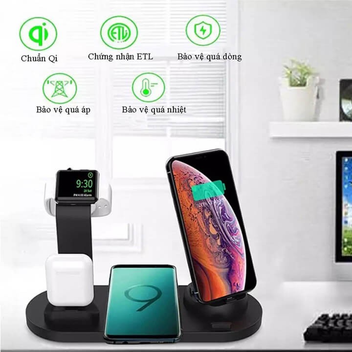 Đế sạc không dây sạc nhanh 4 in 1 cho Apple Watch Iphone Airpods Samsung Oppo Các Dòng Điện Thoại Hỗ Trợ Sạc Không Dây