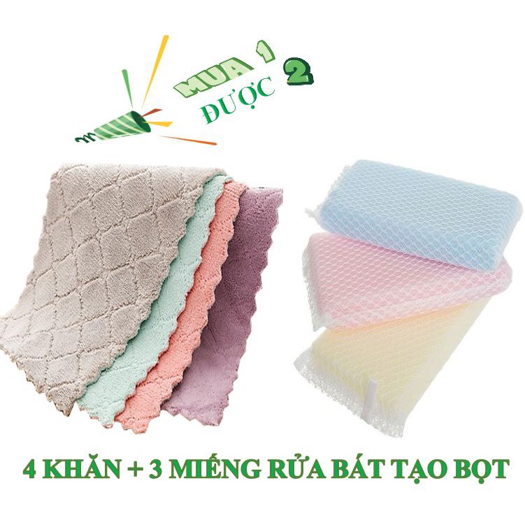 Combo 4 khăn lau bếp + 3 miếng rửa bát tạo bọt