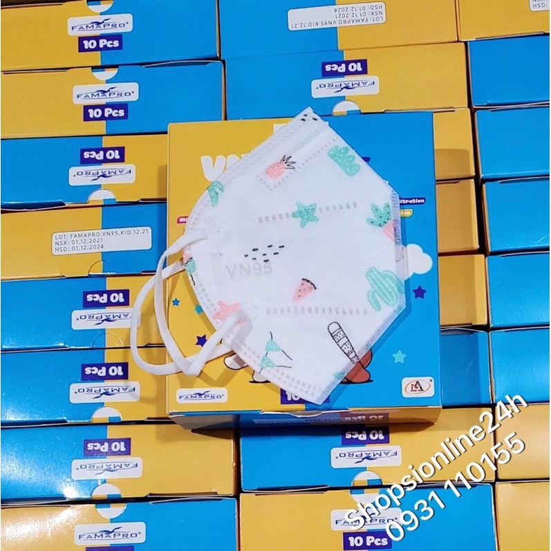 ✅ Hộp 10 cái khẩu trang y tế cho bé VN95 , N95 Famapro Nam Anh chính hãng họa tiết cây xương rồng , dừa
