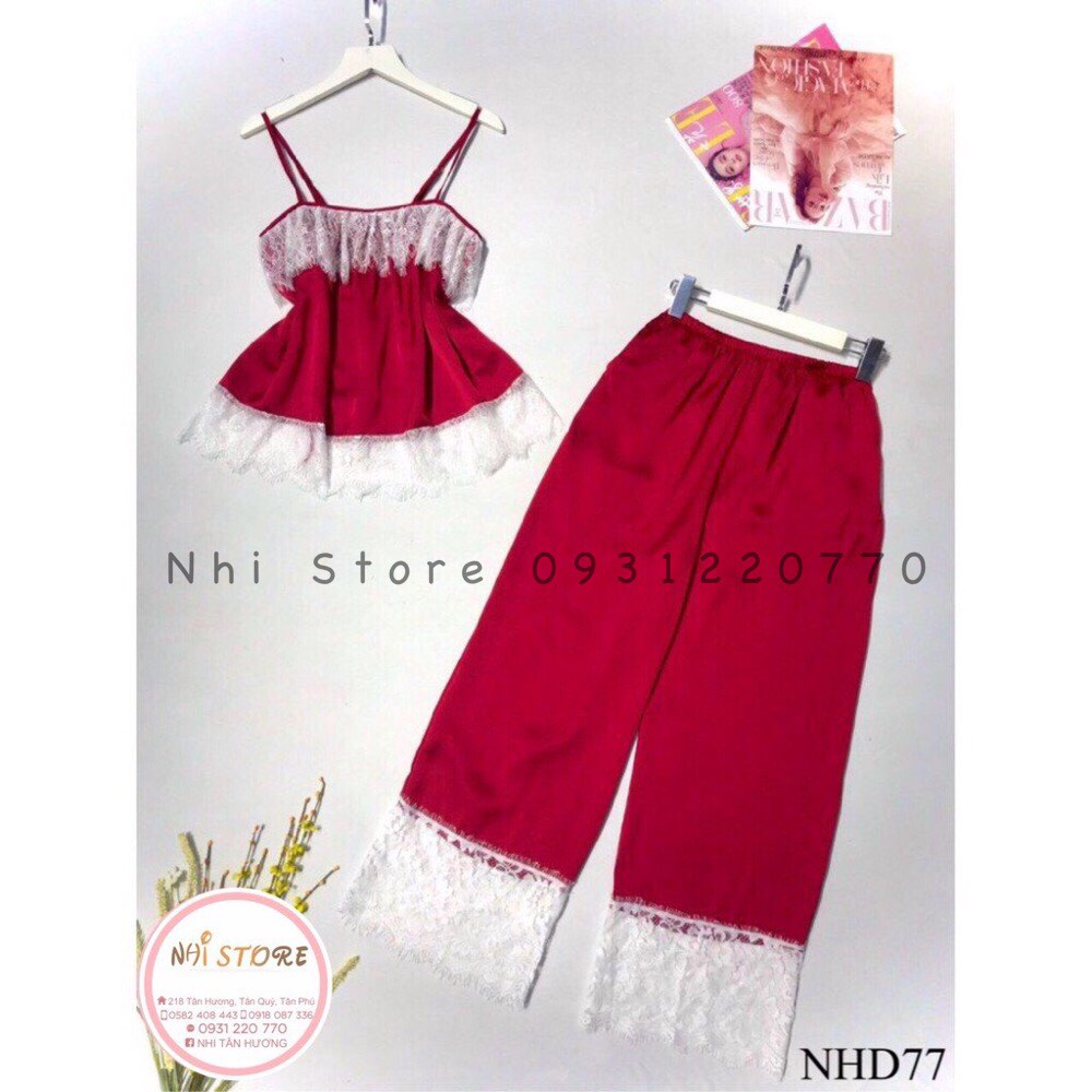 Bộ Mặc Nhà Nhistore Quần Dài Áo  2 Dây Dún Thun Phối Ren Mi Chất Lụa Satin Loại 1 Freesize Dưới 57kg