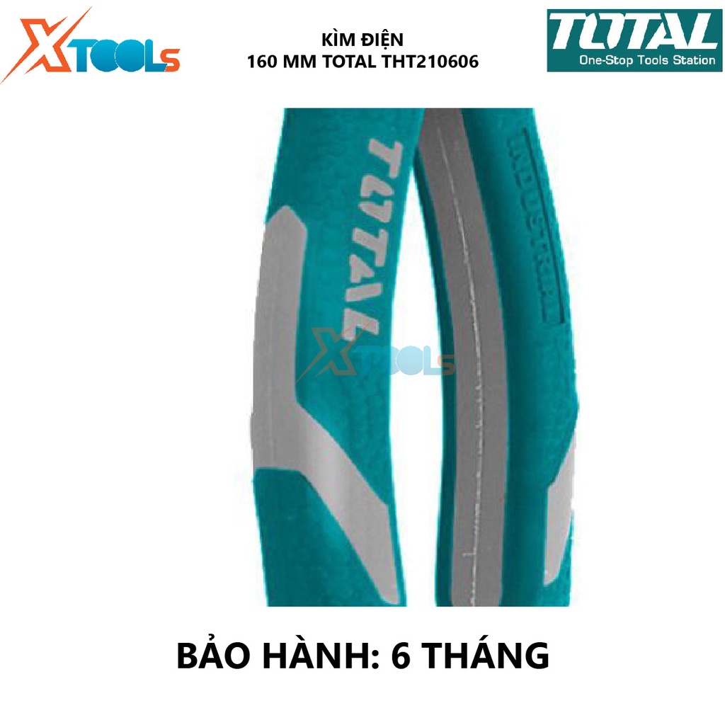 Kìm điện TOTAL THT210606 | kềm răng Kích thước 6&quot; (160mm), Khối lượng 0,2 kg, Cán bọc nhựa 2 màu xanh trắng bấm, cắt, tu