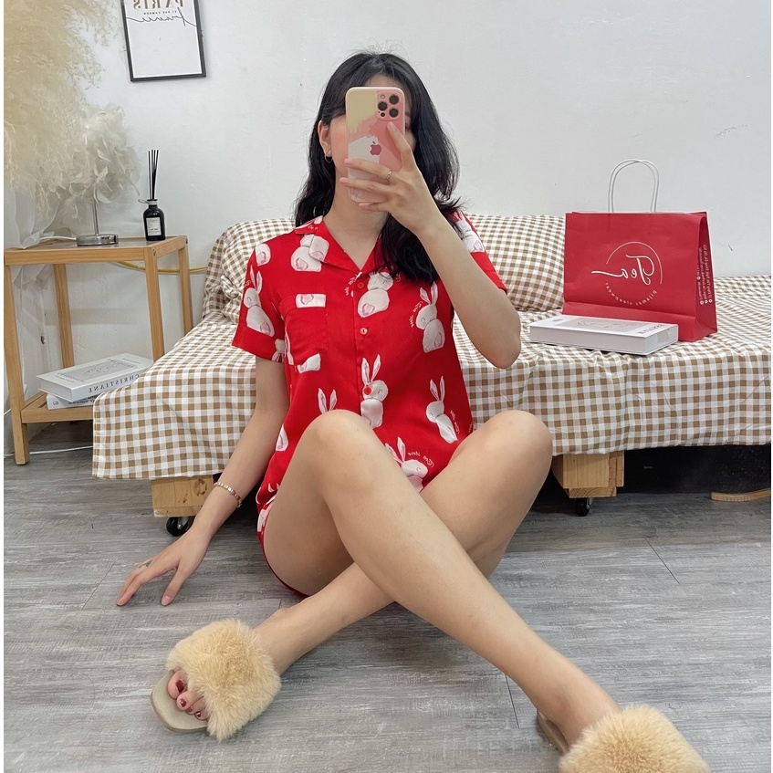 Bộ Mặc Nhà Pyjama Lụa Cộc Tea Store Họa Tiết Chim Cánh Cụt Màu Xanh