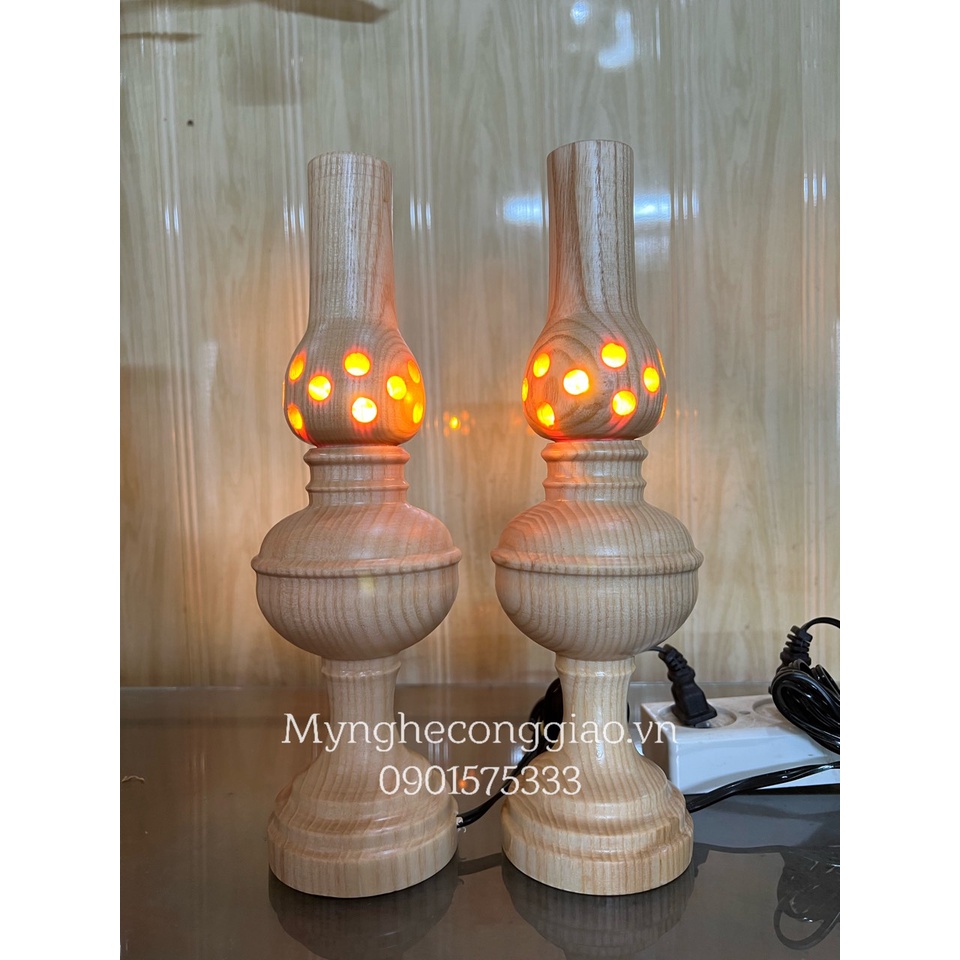Đèn gỗ công giáo cao cấp 17cm | bộ 2 đèn điện thờ gỗ sồi bàn thờ chúa