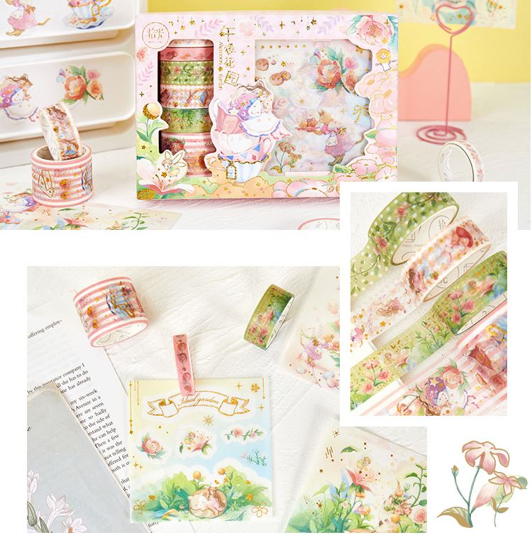 Bộ 6 băng keo Washi và 6 Tấm miếng dán Sticker Trang Trí Fairy Tale