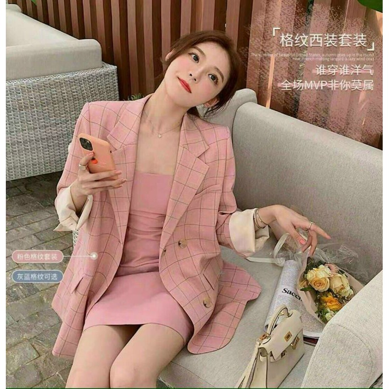 Set đầm hồng phối caro kết hợp khoác vest 🌸🌸