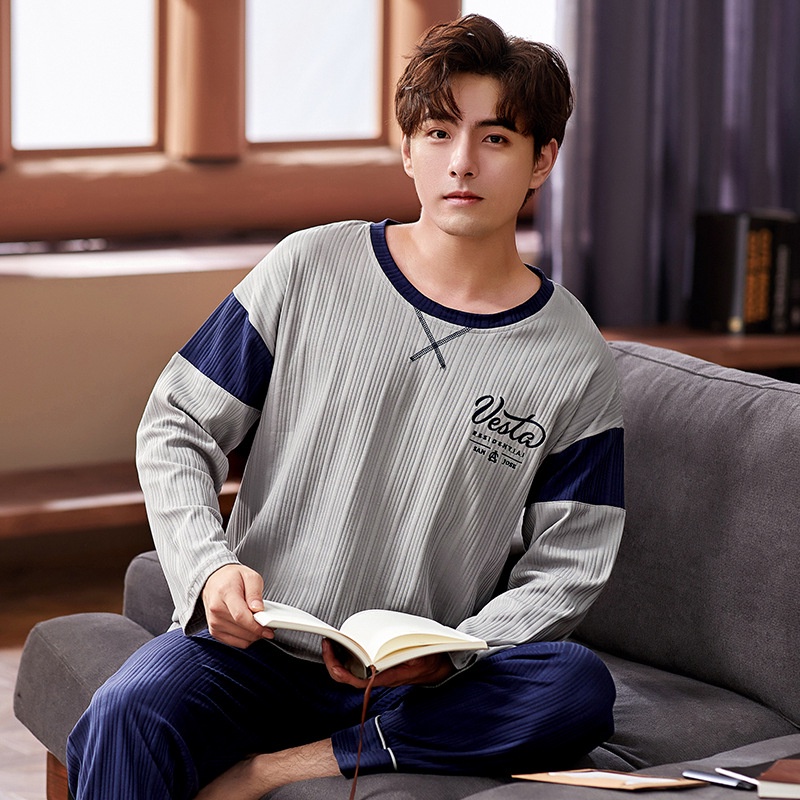 Bộ đồ ngủ pijama tay dài màu sắc đơn giản thời trang thu đông dành cho nam