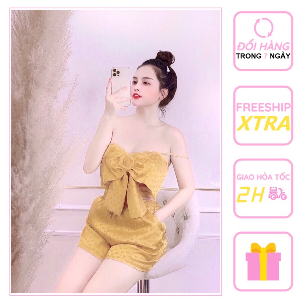 [FREESHIP 50K] Set Bộ Kiểu Nhistore Áo Croptop 2 Dây Nơ Ngực Quần Short Lưng Cao Họa Tiết Gấm Nổi Freesize Dưới 57kg