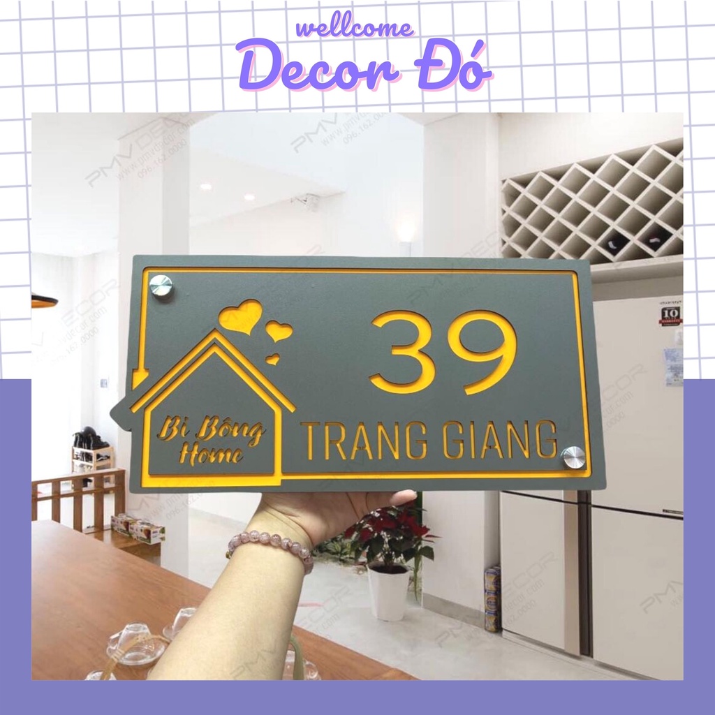 Bảng , Biển Số Nhà Alumin Vàng + Mica Cán Sần Chữ Chìm , thiết kế theo yêu cầu
