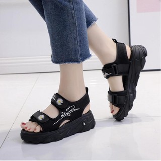 Ảnh thật - Giày sandal nữ thêu quai dán vải dù 2 màu đế cao 5cm phong cách Ulzzang S119