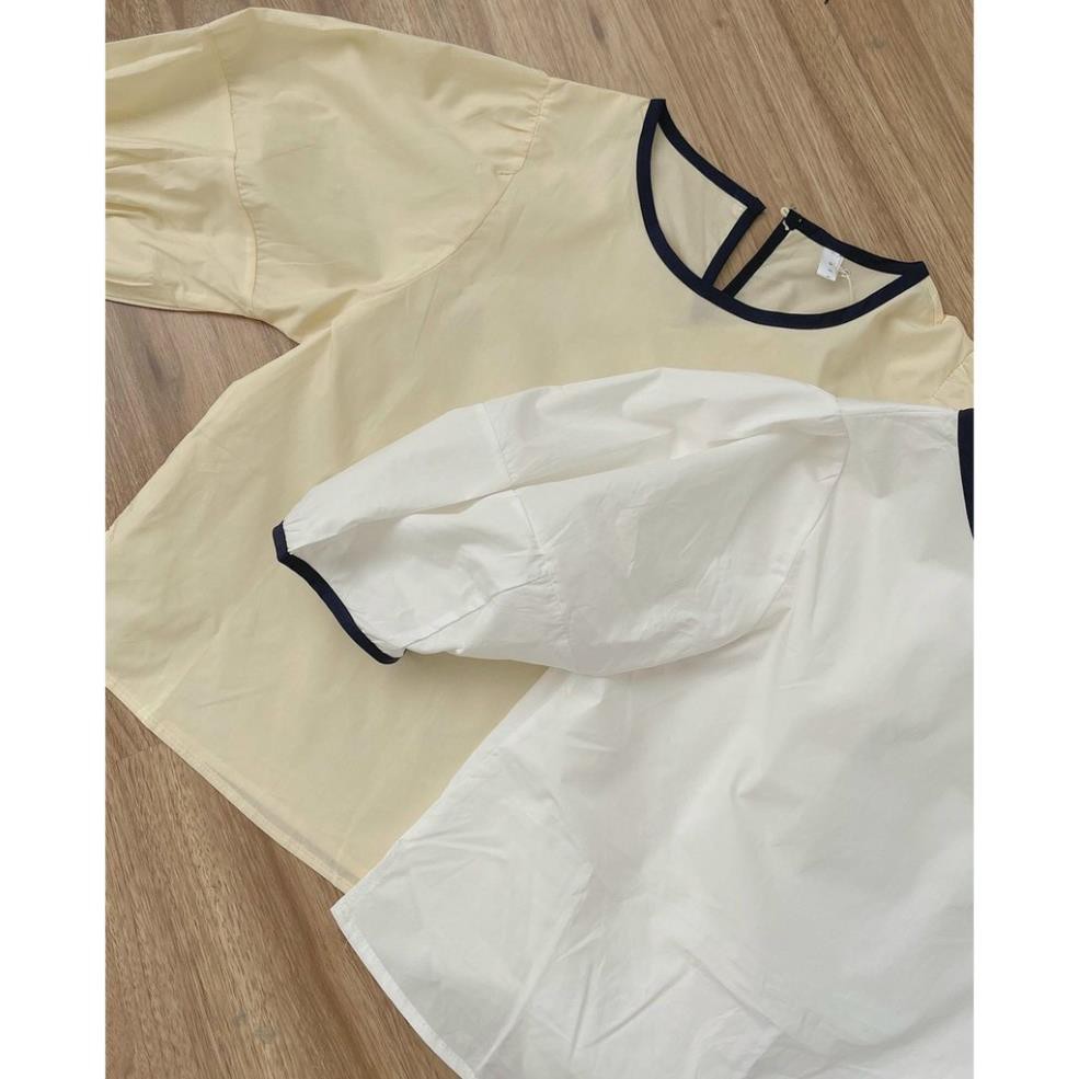 Áo kiểu hàn quốc A.213, áo kiểu nữ tay lỡ bồng cổ tròn viền đen trơn cực xinh | BigBuy360 - bigbuy360.vn