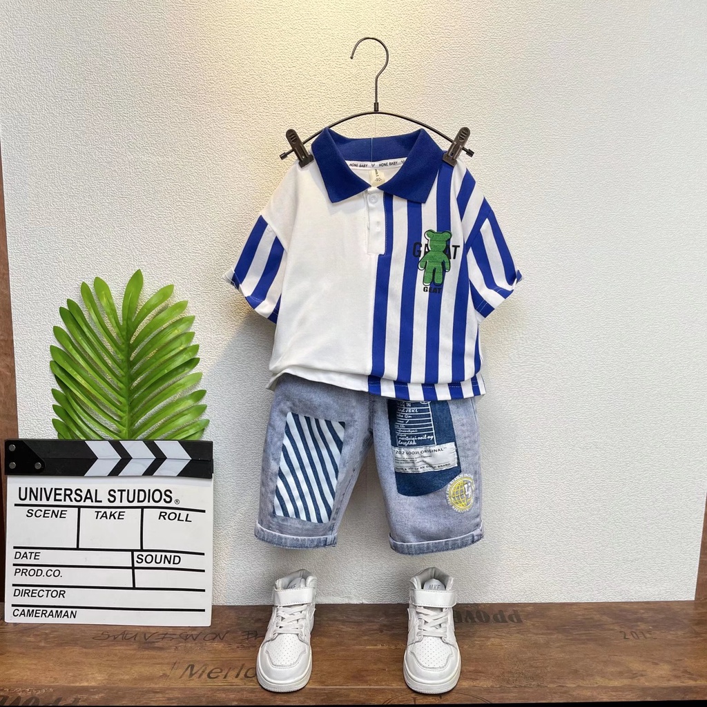 Bộ Áo Thun Polo Ngắn Tay + Quần Short Denim Dáng Rộng Thoải Mái Thời Trang Mùa Hè Cho Bé Trai 3-15 Tuổi 90-160