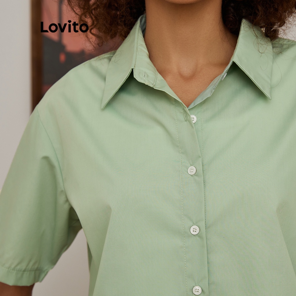 Áo kiểu Lovito có cổ màu trơn phong cách cơ bản thường ngày L19D364 (Xanh lá hạt đậu)