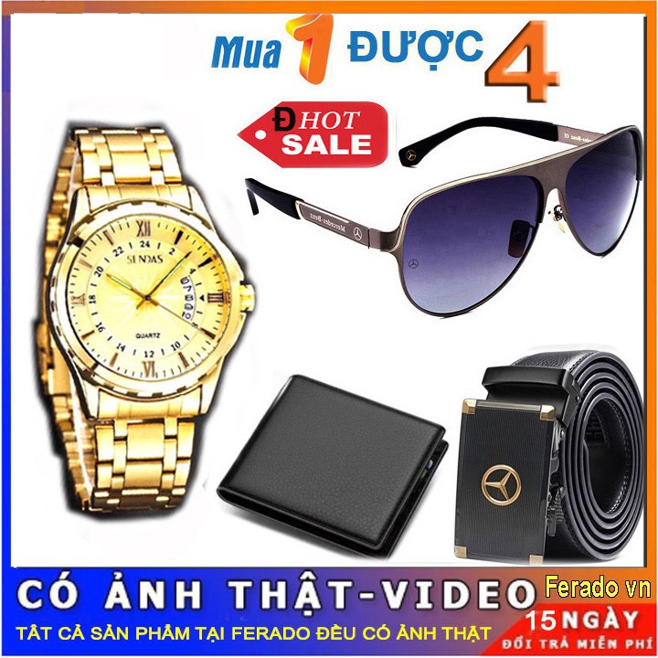 Bộ combo đồng hồ Sandas, kính mắt, ví da nam và dây lưng thời trang