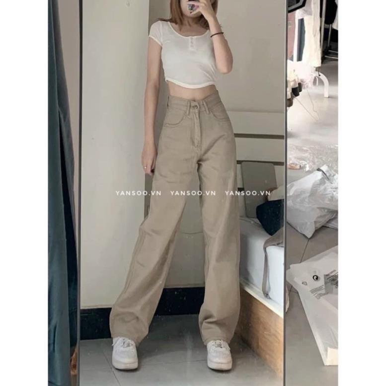 Quần jean ống rộng màu kem kaki cạp cao hách dáng cá tính , màu mới nhất năm nay | BigBuy360 - bigbuy360.vn