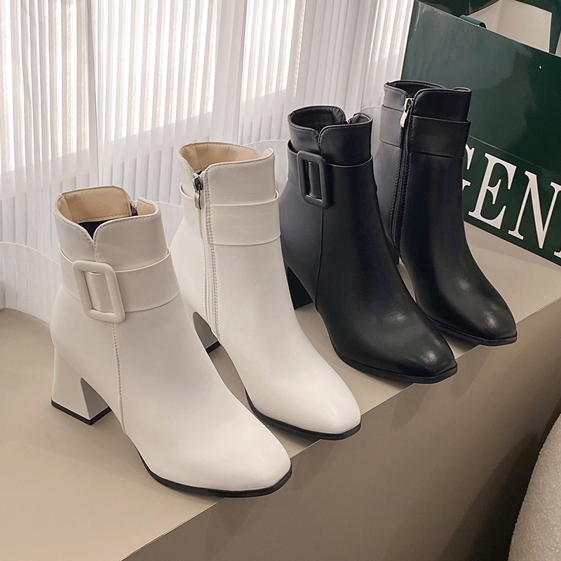 💗Bốt Nữ Giày cao gót 💗Boot nữ  cổ thấp Mũi Nhọn Gót Vuông Phối Khóa Kéo Thời Trang Cho Nữ