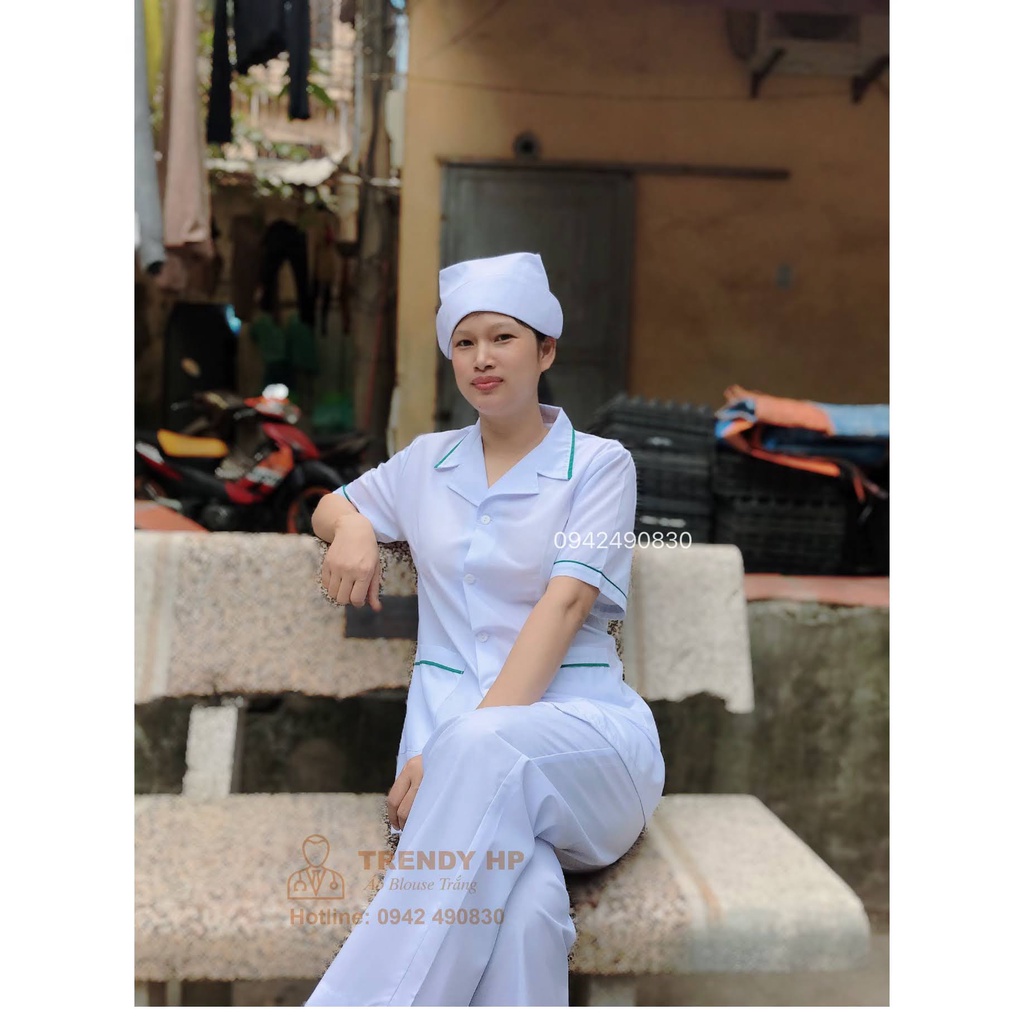 Bộ quần áo blouse trắng dáng ngắn viền Xanh Lá nam nữ cộc tay, dài tay cho dược sỹ, y tá, điều dưỡng, thẩm mỹ viện