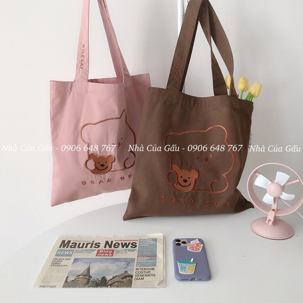 Túi xách tote vải hình gấu đẹp, dễ thương quá chừng