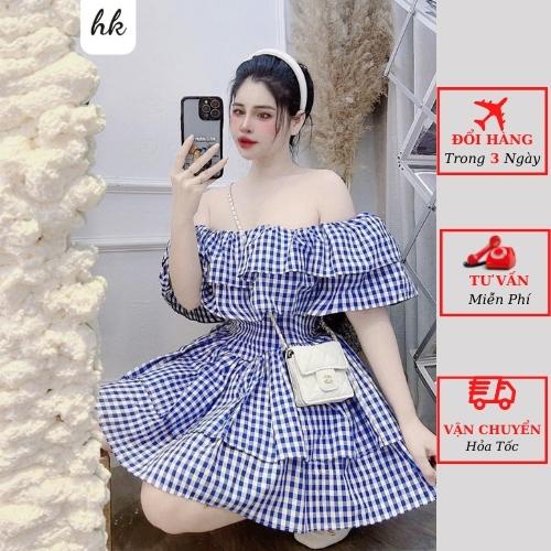 Váy trễ vai caro nữ bèo tầng tiểu thư bánh bèo ulzzang Hàn Quốc