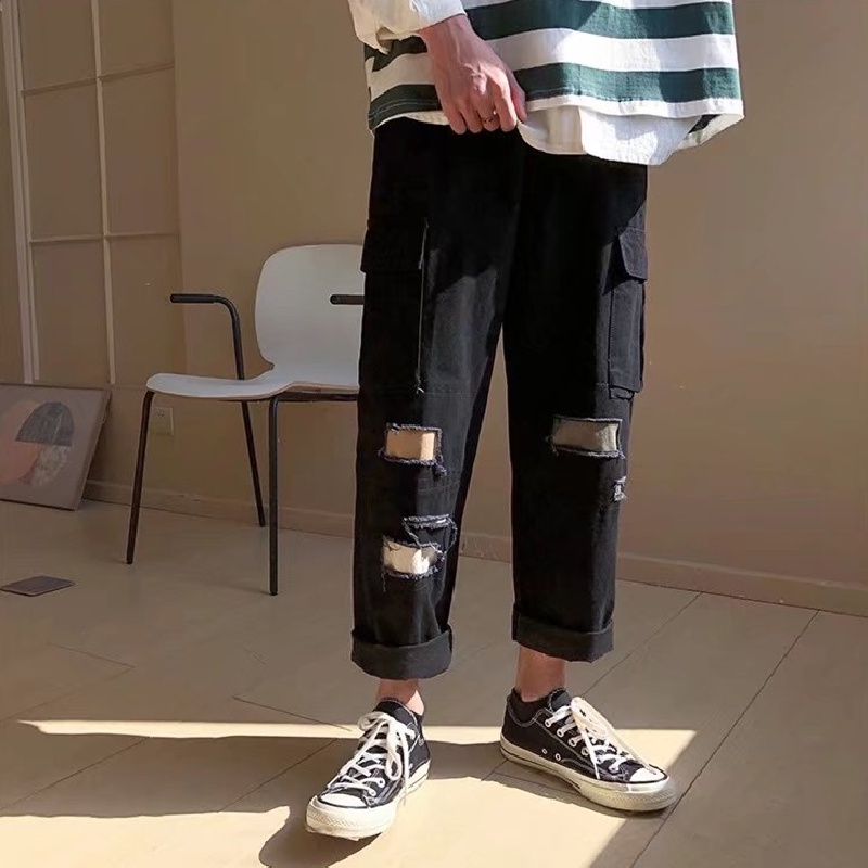 Quần ống rộng phong cách hip hop đường phố Hàn Quốc chất lượng cao có túi lớn và thoải mái cho nam size S-3XL