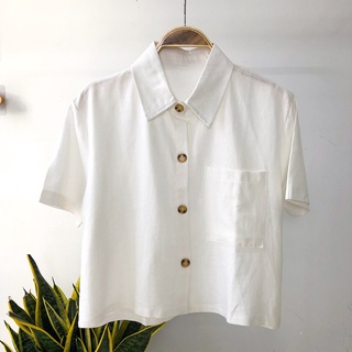 Áo sơ mi linen nữ croptop lửng basic vintage Ulzzang