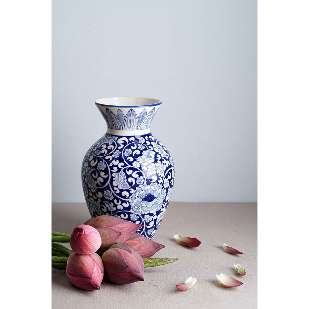 Bình hoa men trắng vẽ hoa phù dung dáng cao, cổ thắt, gốm Bát Tràng