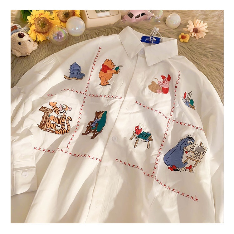 Áo sơ mi trắng dáng rộng thêu họa tiết hoạt hình thời trang mùa thu thích hợp cho nữ