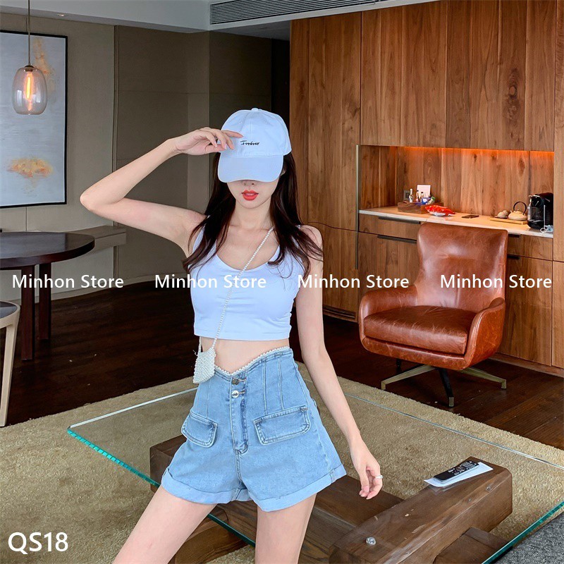 [Có Sẵn - Freeship] Quần Đùi, Quần Short Bò Cạp Cao Đính Viền Ngọc Sang Chảnh (Minhon Store QS18) | BigBuy360 - bigbuy360.vn