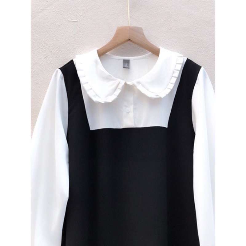 Váy yếm nữ cổ sen sơ mi trắng dài tay thân yếm đen, Váy nữ đi chơi babydoll điệu đà nơ tay bánh bèo  (TTA112)