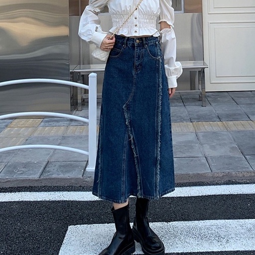 Chân váy jean kaki dáng dài xẻ sau, chân váy midi cạp cao_a16