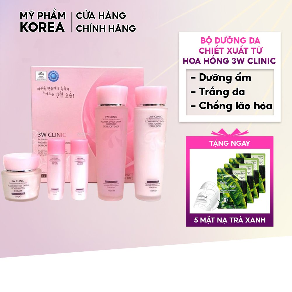 Set dưỡng trắng da chiết xuất từ Hoa Hồng 3W Clinic 5 in1 Hàn Quốc Full Sezi Giúp da trắng sáng mềm mại tự nhiên