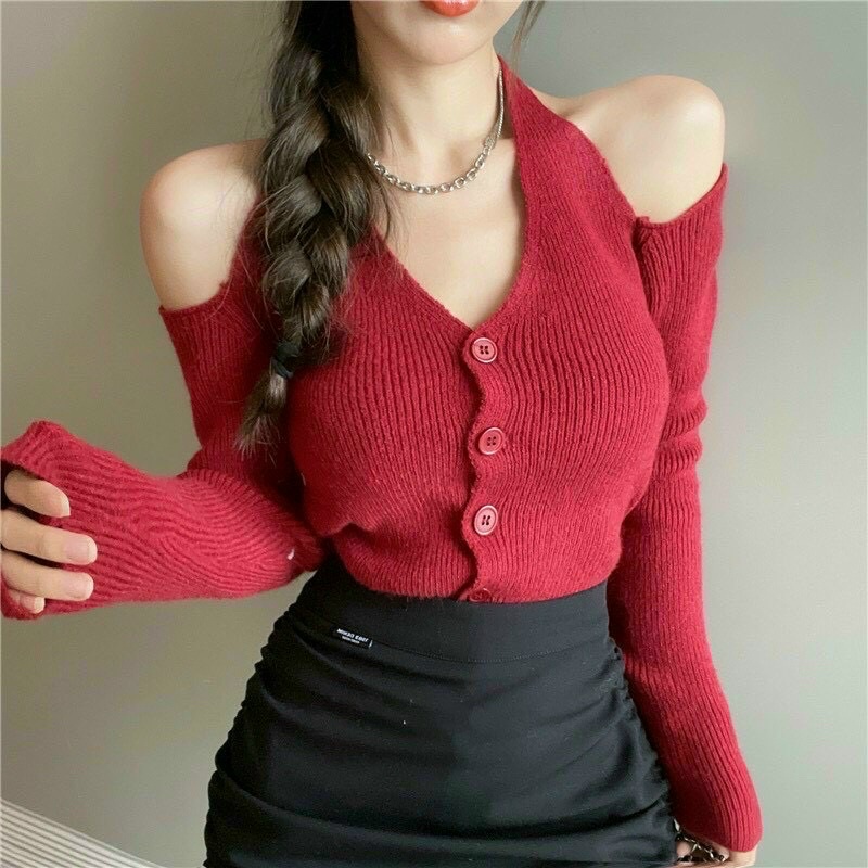 Áo thun gân cổ yếm rớt vai xinh rung rinh