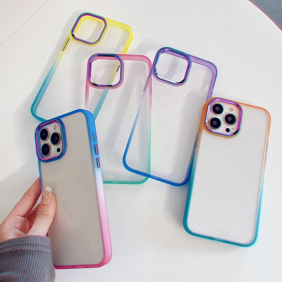 Ốp Điện Thoại Trong Suốt Màu Gradient Khung Kim Loại Cho iPhone 13 Pro Max 12 11 Pro Max