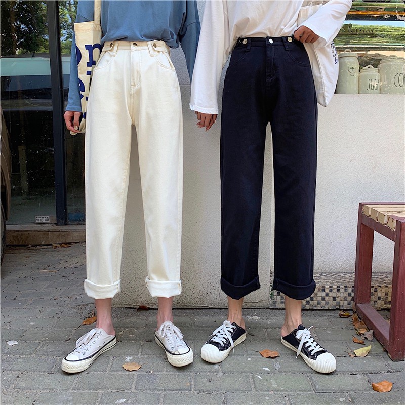 NEW Quần Jeans Lưng Cao Ống Rộng Phong Cách Hàn Quốc