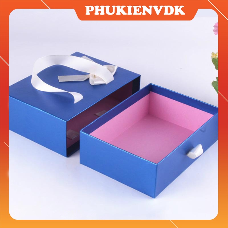 Hộp Quà Tặng Sinh Nhật Kèm Túi Màu Xanh Gắn Nơ Trắng Dạng Kéo Cao Cấp