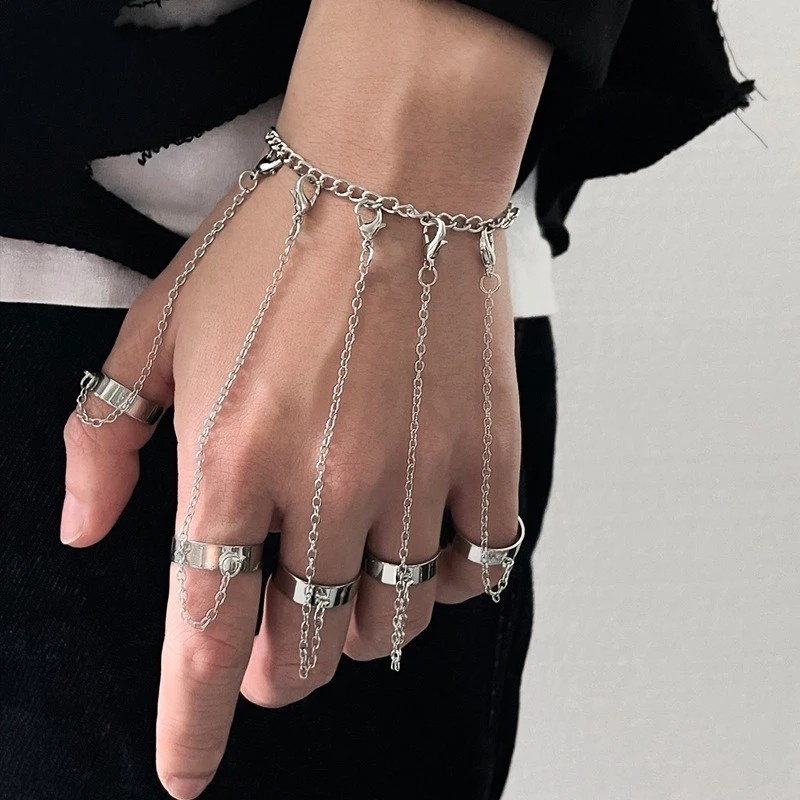 Nhẫn Kết Hợp Dạng Dây Xích Dài Màu Bạc Phong Cách Punk Thời Trang Cho Cặp Đôi