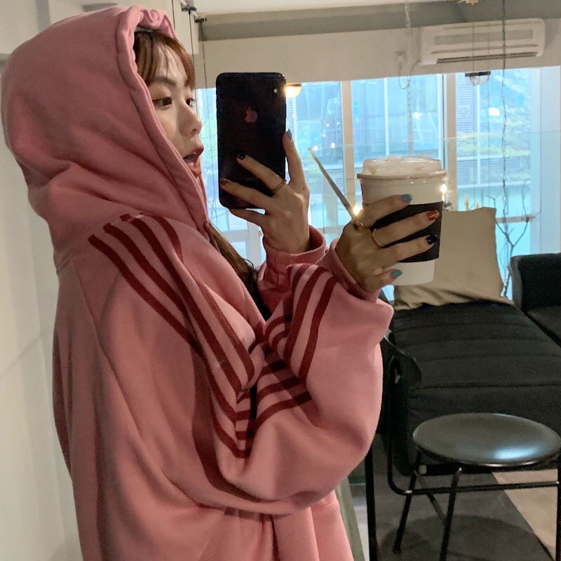 Áo Khoác Nỉ 4 Sọc Nữ Hoodie zip kẻ sọc tay mùa đông form rộng, thiết kế đơn giản