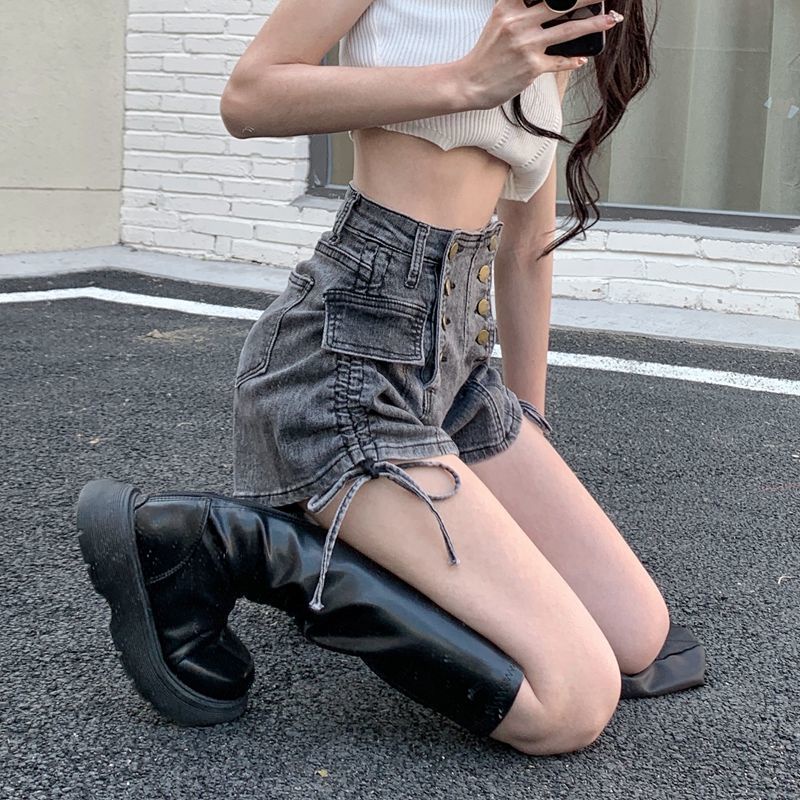 Jiashucheng Quần Short Denim Eo Cao Co Giãn Phối Dây Rút Phong Cách Mới Mùa Hè Cho Nữ