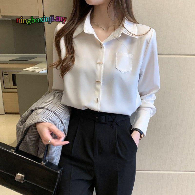 Áo sơ mi voan tay dài cổ bẻ phối túi thời trang công sở thanh lịch cho nữ